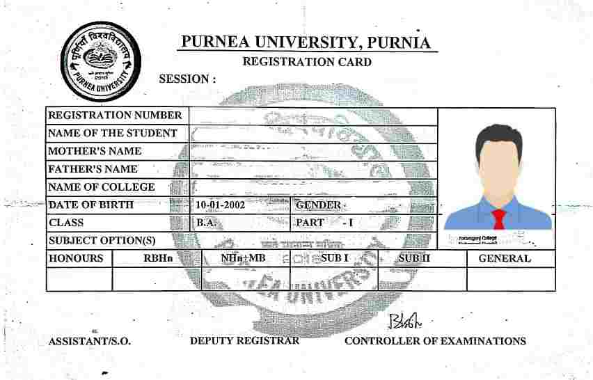 Purnea University UG Part-1 BA, BSc, BCom Registration Card Download